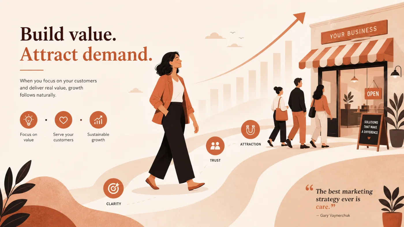 Build value, attract demand. When you focus on customers and deliver real value, clarity, trust and attraction lead customers to your business