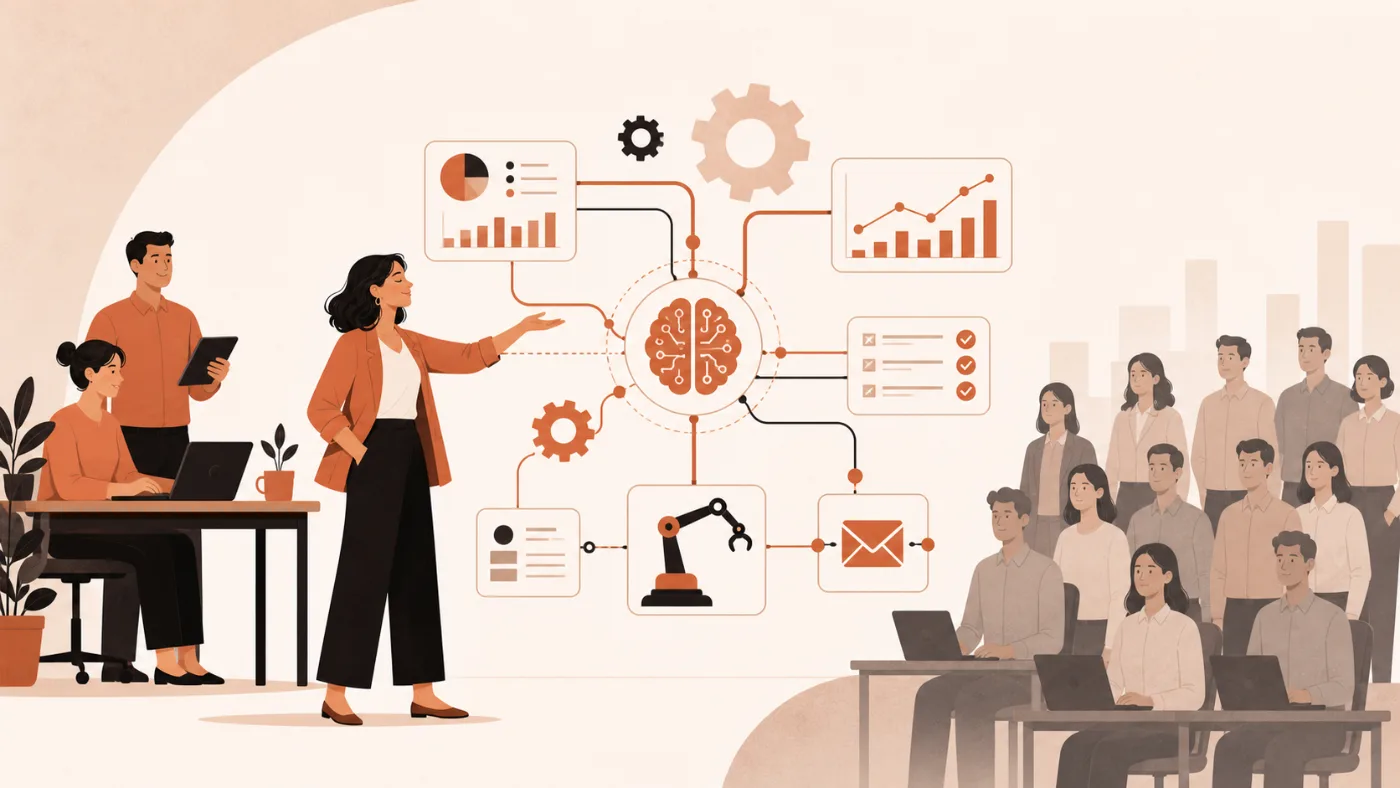 A business owner steps away from a cluttered desk while automated systems handle the busywork and results trend upward